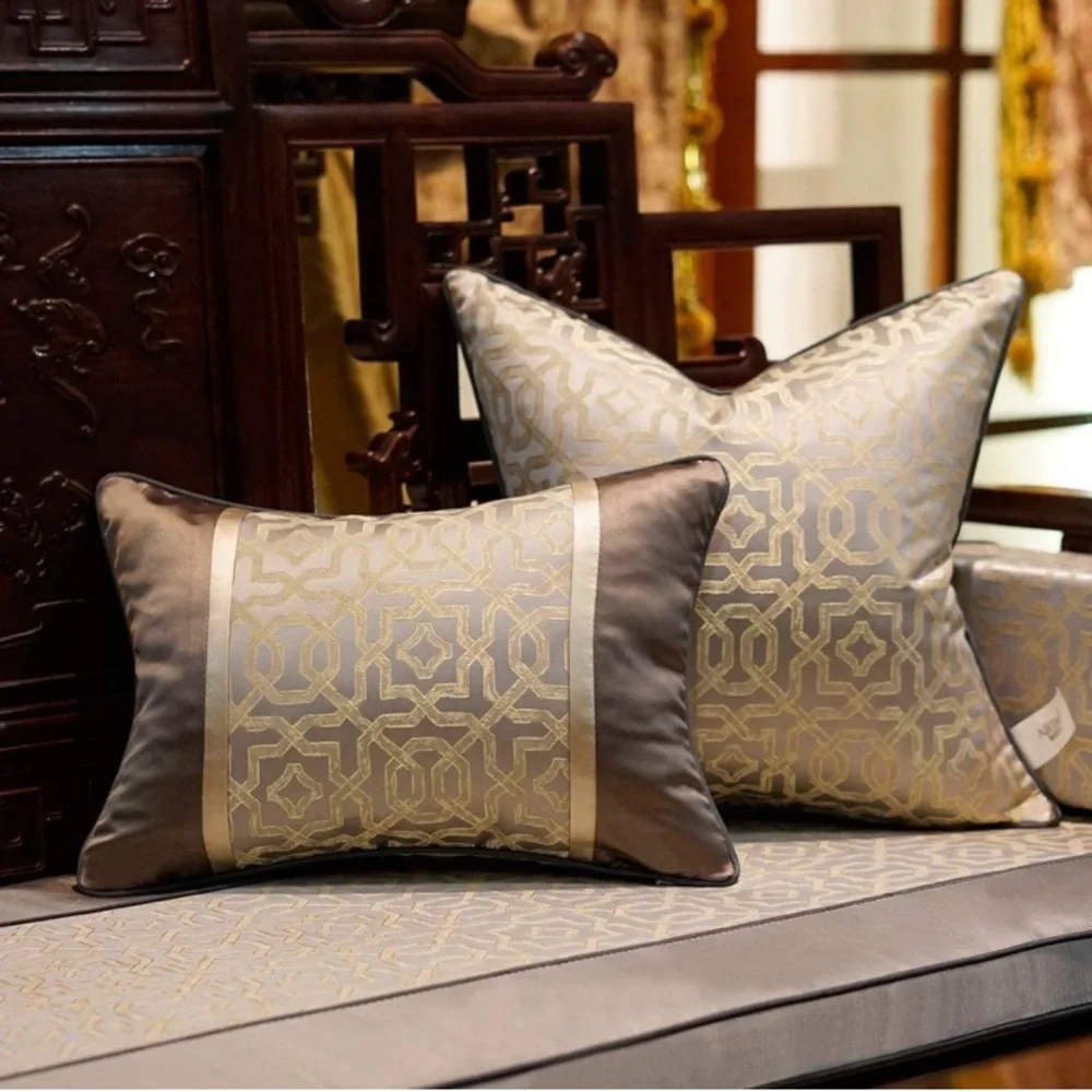 Luxury Home | Elegant Gold & Taupe Geometric Design Jaquard Throw Pillow Cover
